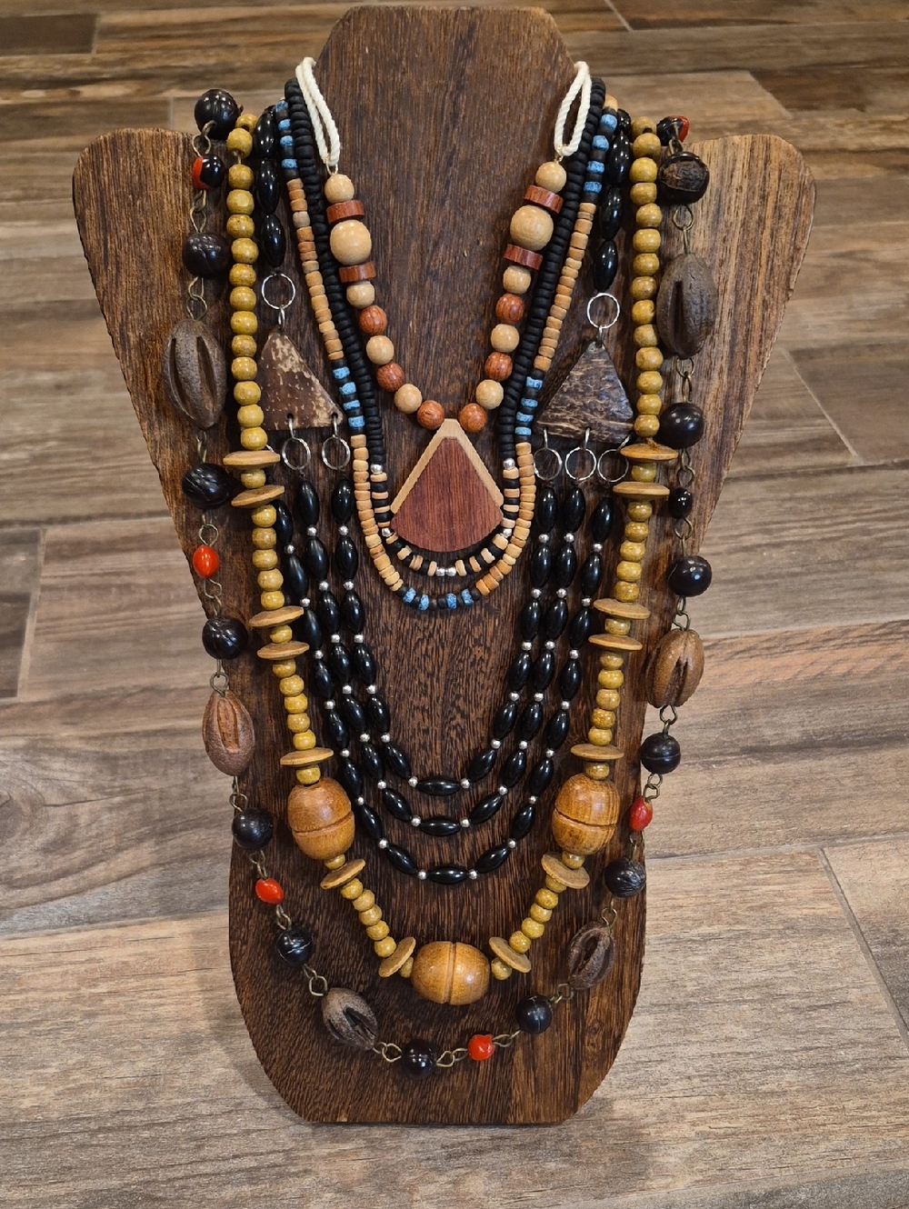 Vintage Wood & Mixed Metal Beaded Necklaces, Set of 6